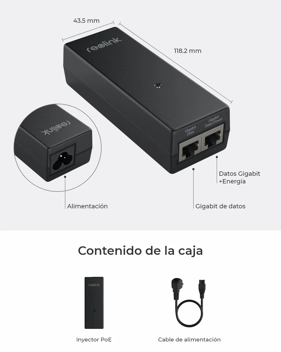 Reolink Gigabit inyector PoE, alimenta con PoE+ (30 W) o PoE (15,4 W), Distancia de hasta 100 m, Plug & Play, Adecuado cámaras PoE/Video Doorbell PoE