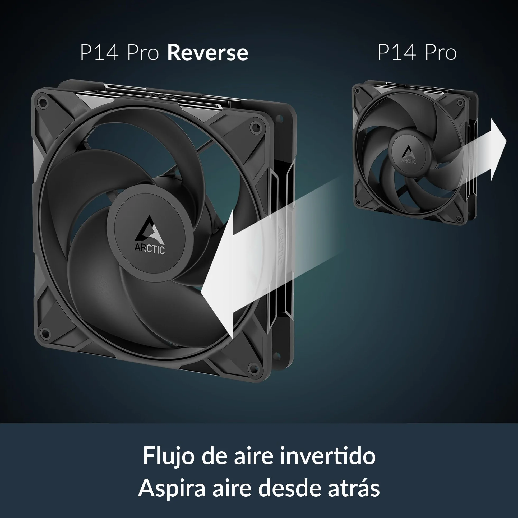 ARCTIC P14 Pro Reverse (3 Piezas) - 140 mm Ventilador Prémium con flujo de aire inverso, Ventilador PWM con divisor de cable en Y, 400-2650 rpm, 0 rpm <5% PWM, cojinete hidrodinámico, 4-Pin - Negro