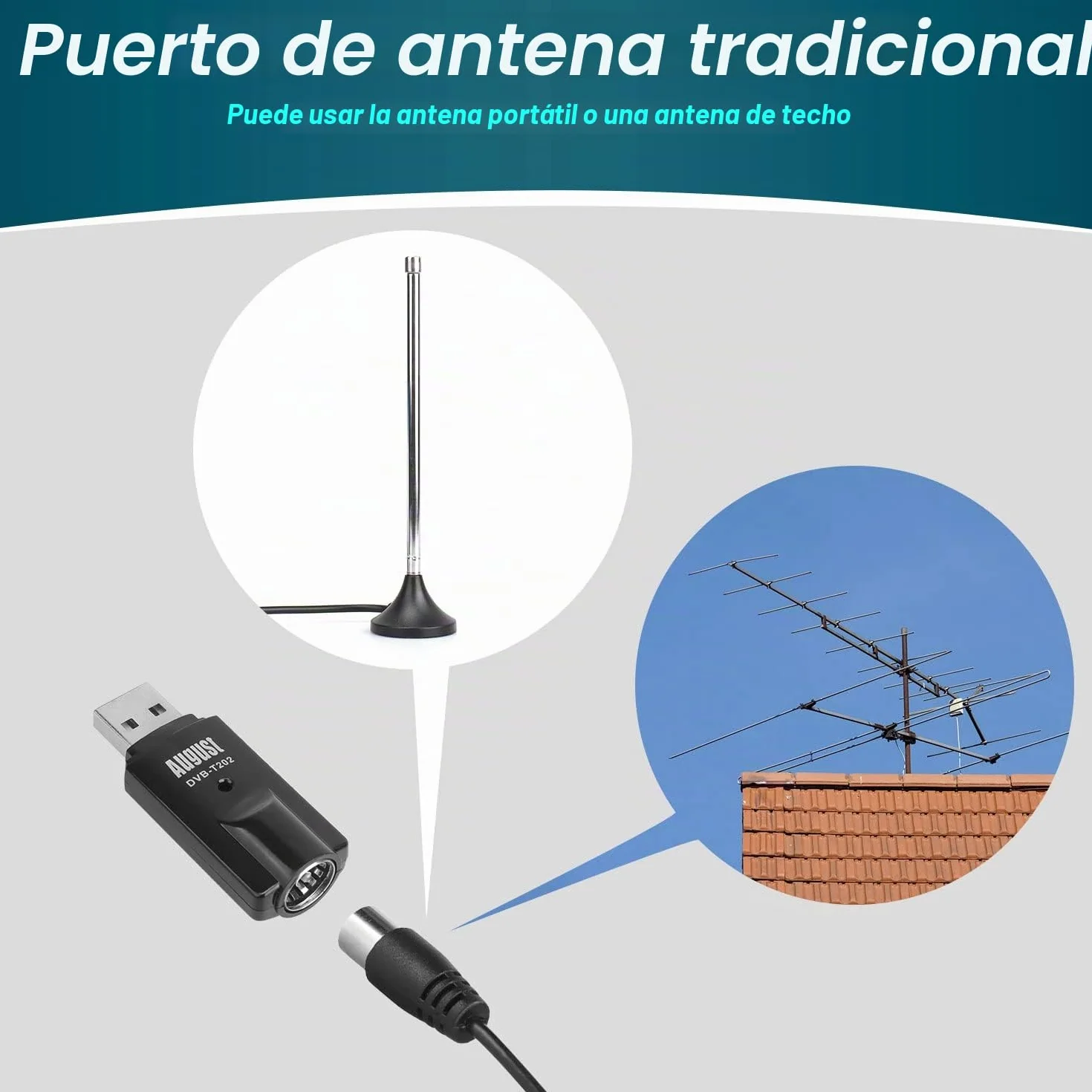 August DVB-T202 Sintonisador TV USB TDT para PC Ordenador Digital - USB TV Stick Television España y Portugal - Windows 11, 10, 8, 7 - Antena y Software incluidos
