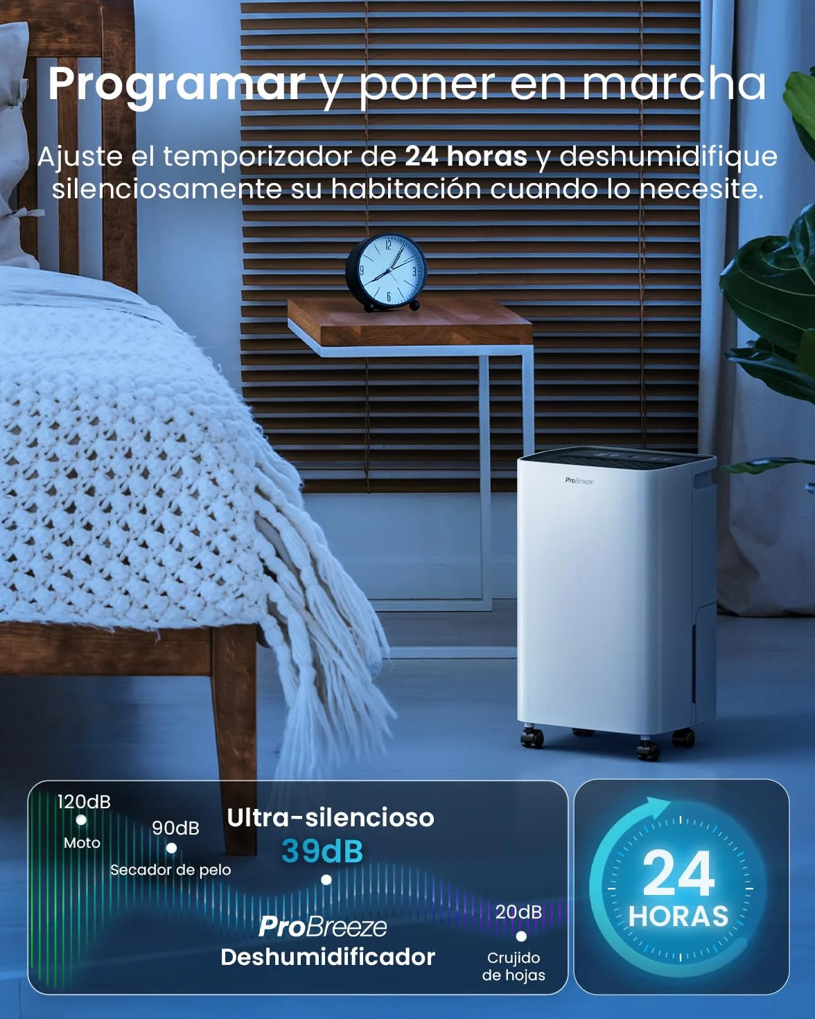 Pro Breeze Deshumidificador con Compresor 12L, Depósito 2L, Sensor Humedad, Temporizador 24H, 20m²