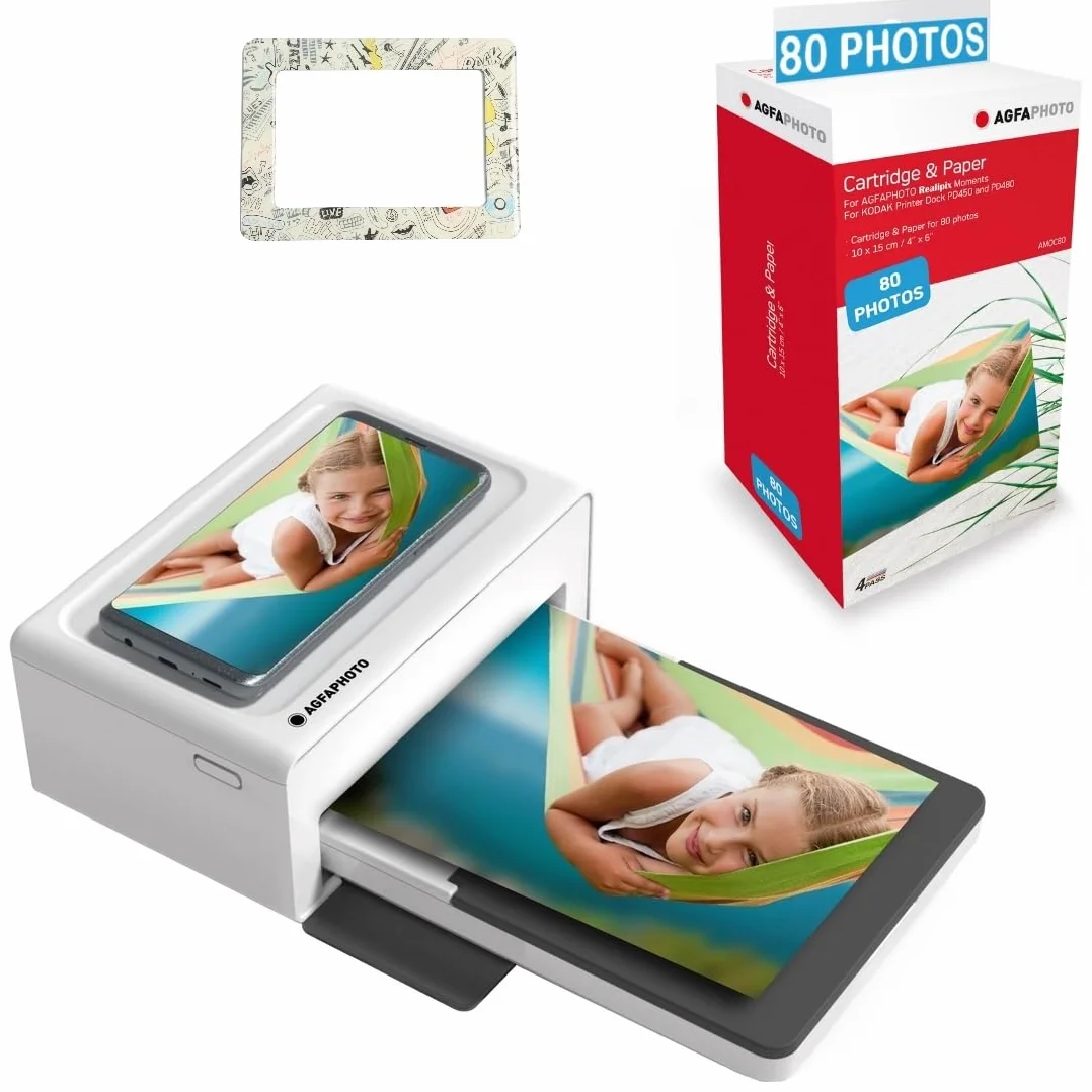 AgfaPhoto Pack Impresora Realipix Moments + 80 Cartuchos Fotográficos y Papel + Bonito Marco Magnético - Bluetooth Photo Print 10x15 cm, iOS y Android, 4Pass Sublimación Térmica - Blanco