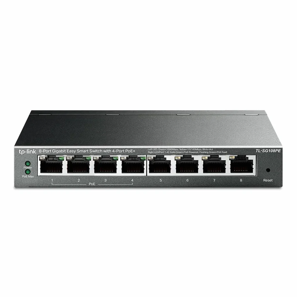 TP-Link TL-SG108PE Interruptor Gigabit PoE (Easy Smart, Administrado de 8 Puertos con 55W 4-PoE, Plug and Play, Escritorio, Metal, Toda la Vida, Cumple con IEEE 802.3af)