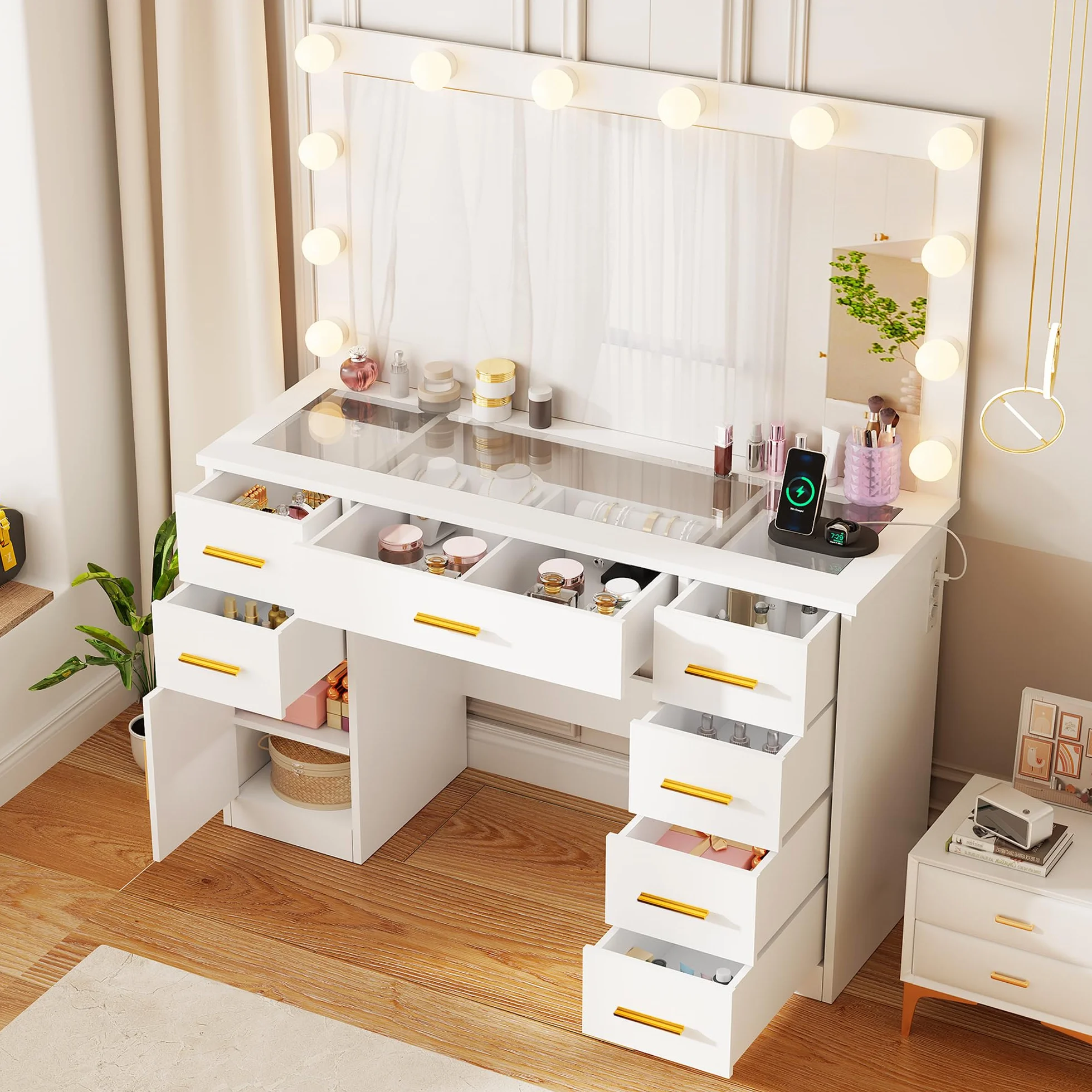 ANWBROAD Tocador de Maquillaje con Luces LED Regulables y Espejo 7 Cajones Blanco 140x110x40cm BDT83W