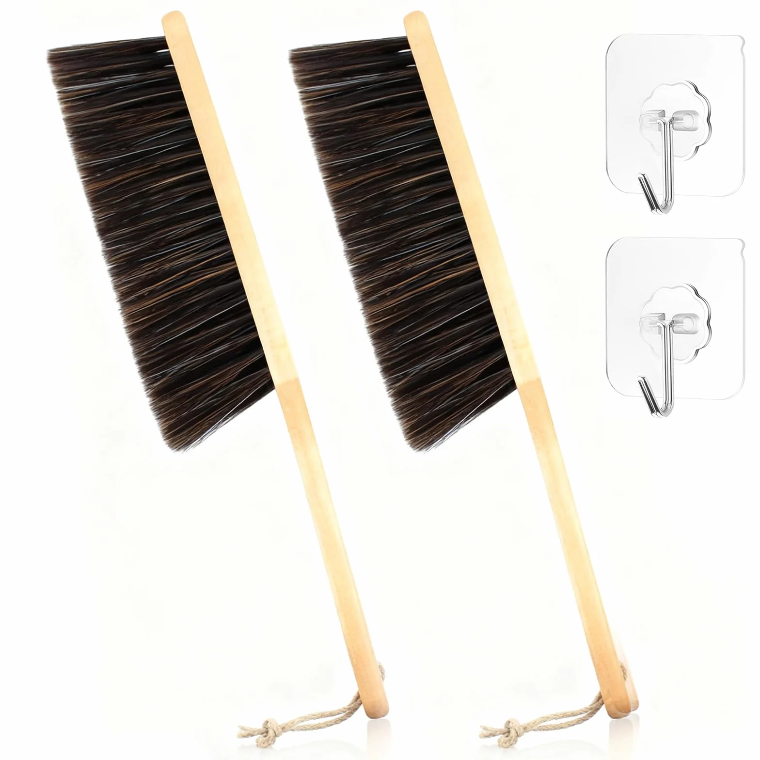 KU 2 Escobillas de Mano con Cuerda de Suspensión y Ganchos, 35cm Cerdas Suaves de PP, Mango de Madera Cepillo de Cerda - Ideal para Hogar, Jardín, Terraza, Coche, Taller (Marrón)