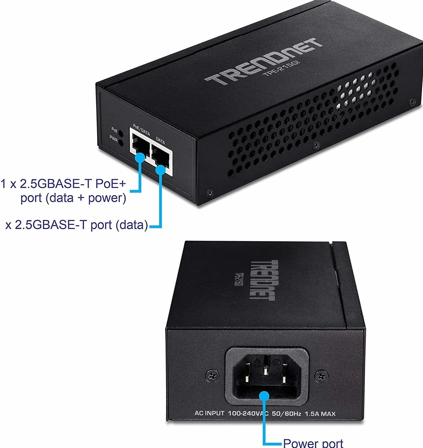 TRENDnet, TPE-215GI, Inyector PoE+ 2.5G, Convierte un Puerto no PoE en un Puerto PoE+ 2.5G, Compatible con 2.5GBASE-T, Fuente de alimentación integrada