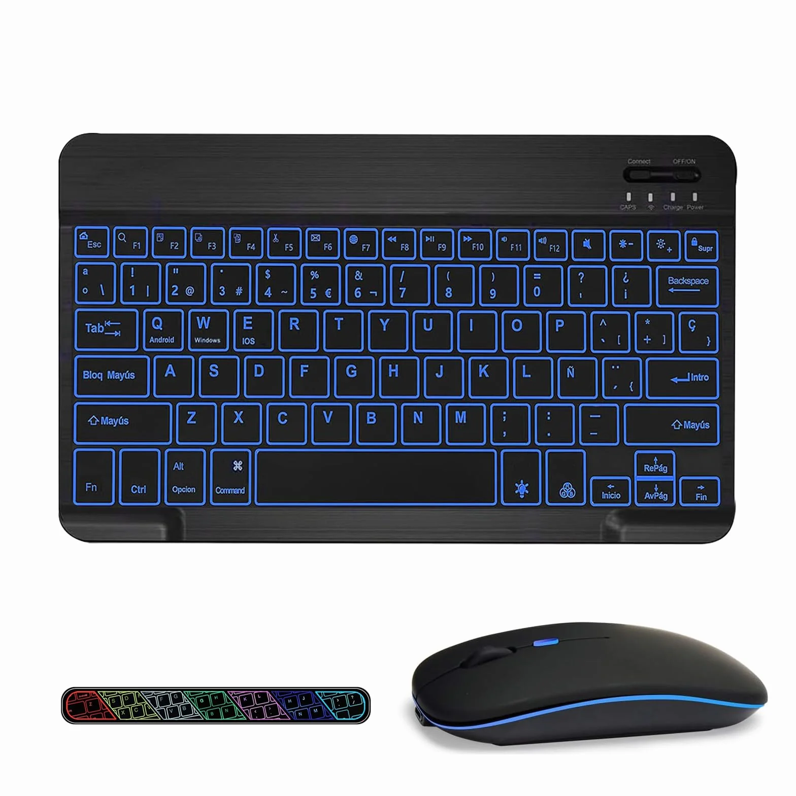 Retroiluminado Teclado y Ratón Inalámbrico Bluetooth, Teclado y Ratón Recargables Silenciosos y Portátiles para iPad Tablet/PC/iOS/Android/Windows, QWERTY Español Ñ, Retroiluminado