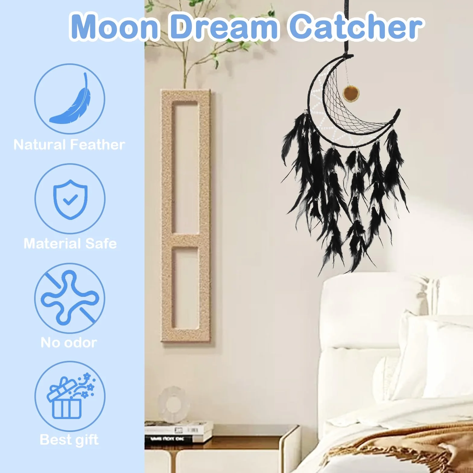 Atrapasueños de Luna Hecho a Mano para Colgar en la Pared, Estilo Bohemio, Negro