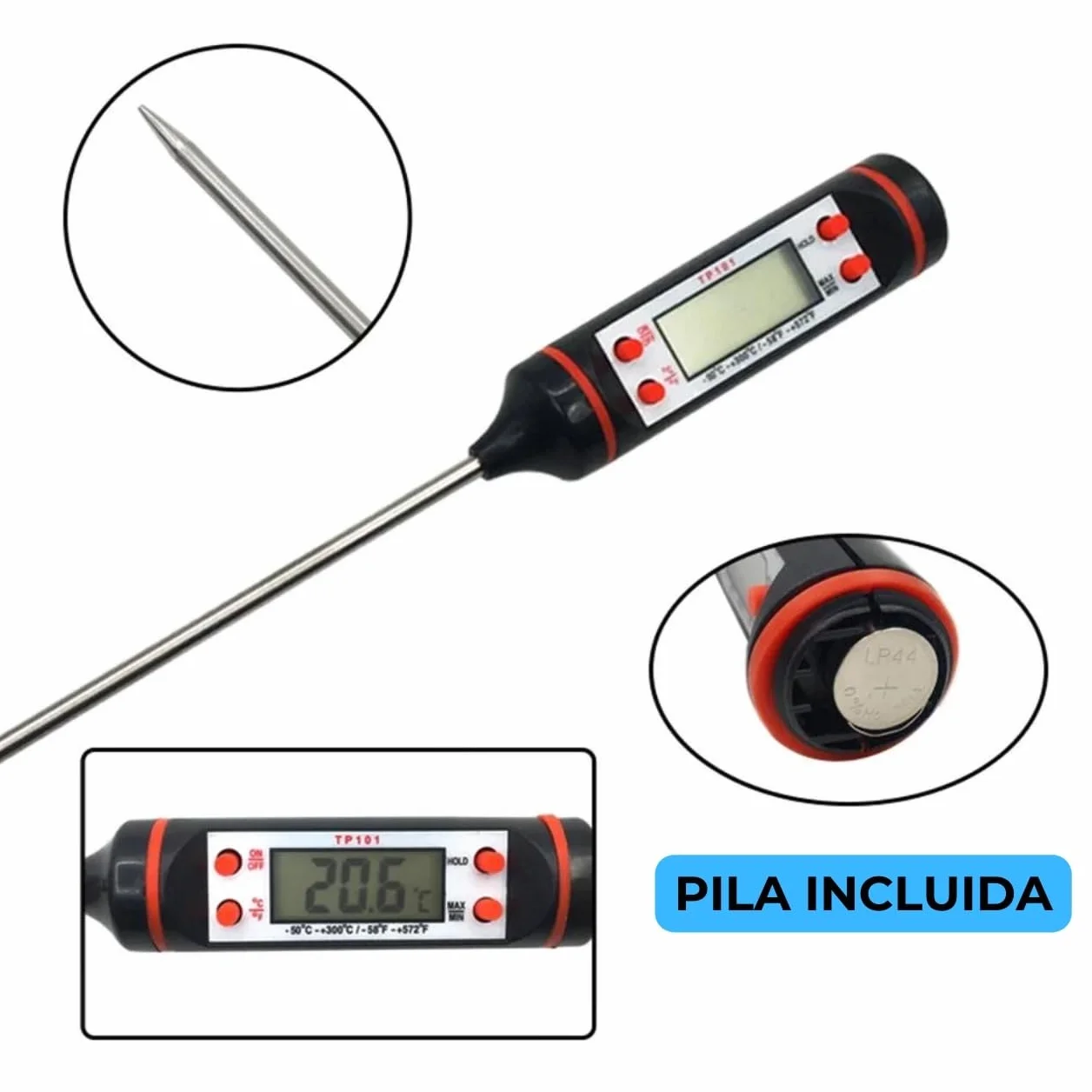 Termómetro Digital Cocina Alimentos Líquidos Aceite Carne Barbacoa Medición Rápida Alta Precisión Pantalla LCD Sonda Acero Inoxidable Apagado Automático Negro