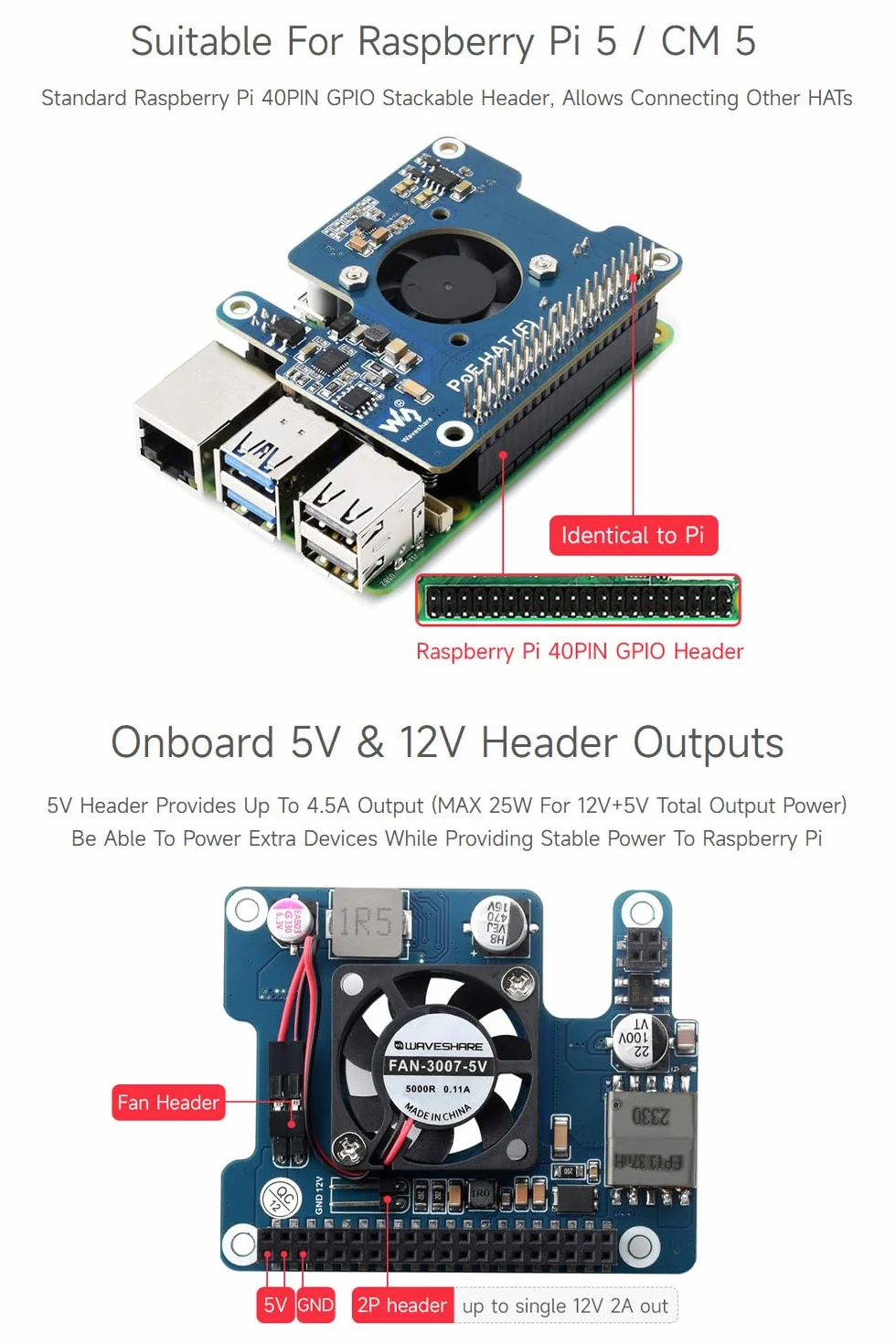 Waveshare PoE Hat (F) for Raspberry Pi 5, High Power, Onboard Fan, Metal Heatsink, 802.3af/at
