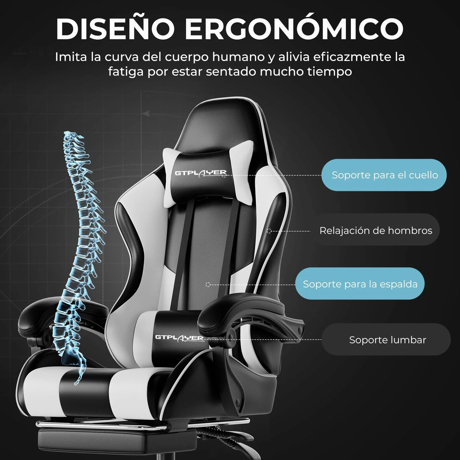 LUCKRACER Silla Gaming Ergonómica con Masaje, Reposapiés Retráctil, 150 kg, Blanco