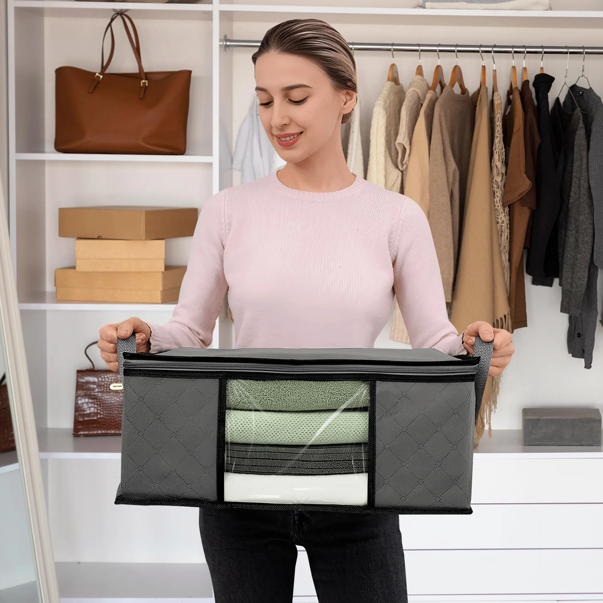 JUPPLIES Cajas Almacenaje Ropa 35L 35,5x50x18,5cm Bolsas con Ventana Transparente Cremallera Bidireccional Asas Reforzadas Pack 6