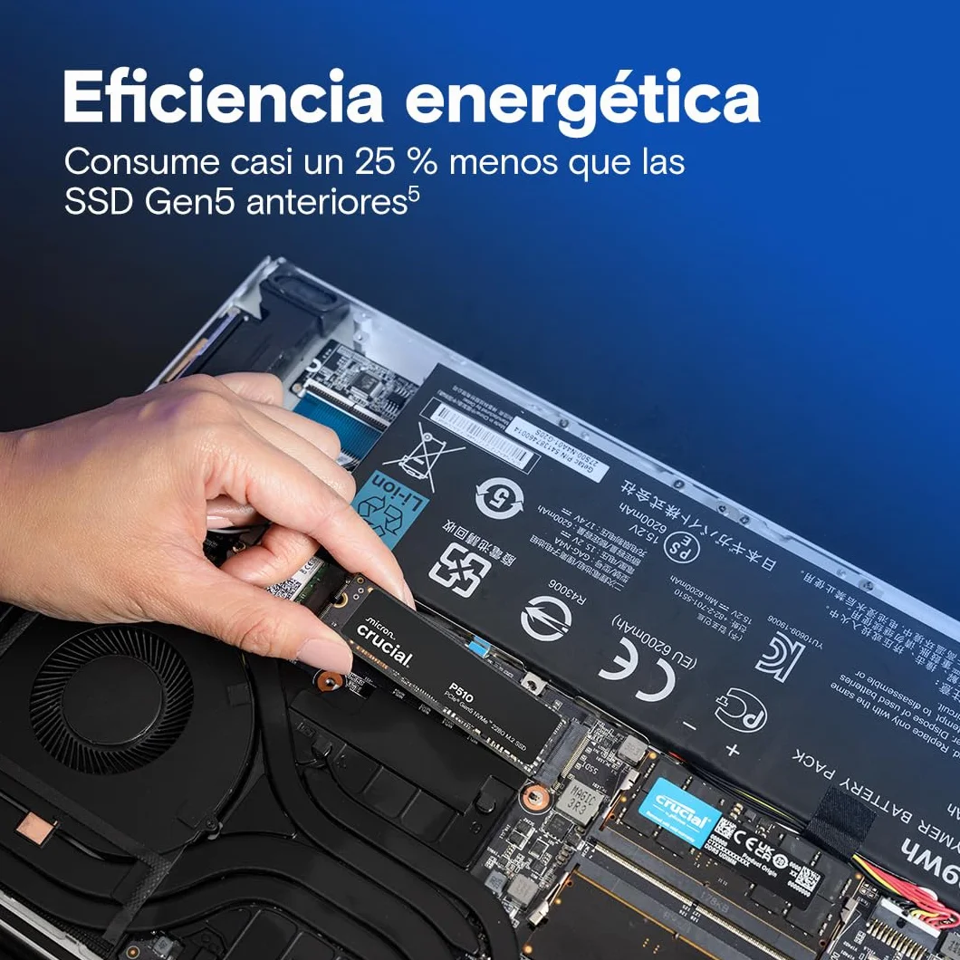 Crucial P510 SSD 1TB PCIe 5.0 x5 Gen5 NVMe M.2, Velocidades de lectura hasta 11.000 MB/s, escritura 9.500 MB/s, Ordenador Portátil y de Sobremesa, TLC NAND, Disco Duro Interno- CT1000P510SSD8-01