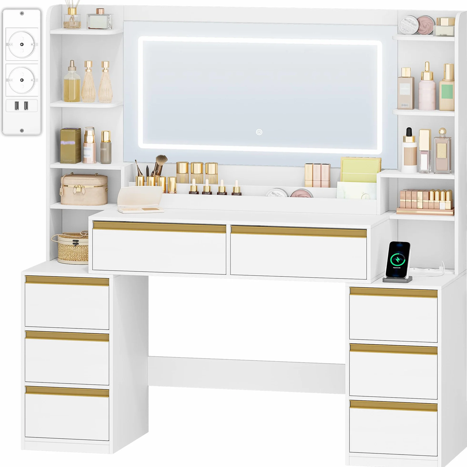 Tocador de Maquillaje con Luz LED, 135 cm, 8 Cajones, Blanco-Dorado