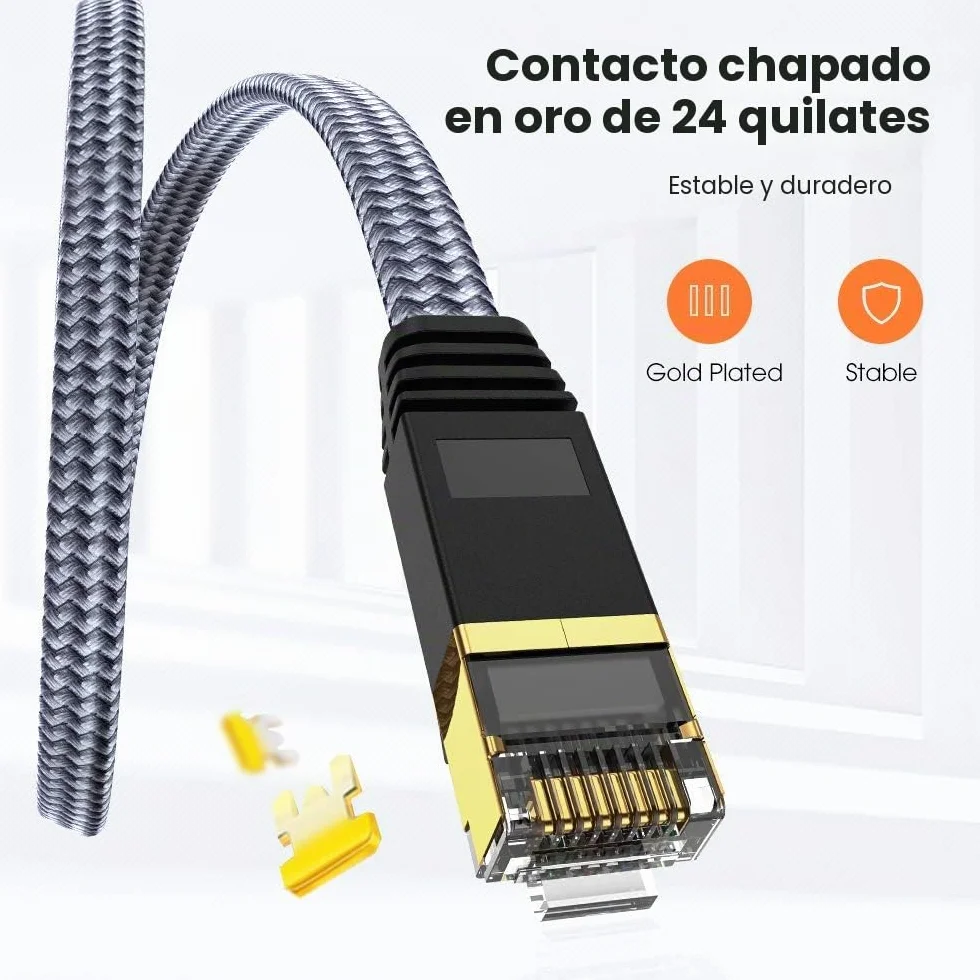 Snowkids 15m Cable de Red Ethernet cat7, Alta Velocidad 10Gbit/s 600MHz Cable Plano Trenzado de Nailon Chapado STP Cable Ethernet RJ45 para Router Modem Switch TV Box PC PS-4 Viene con 20 Clips Cable