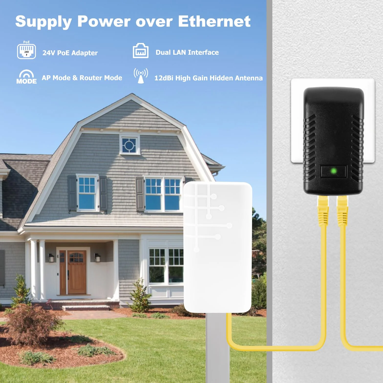 Repetidor WiFi Exterior, 300M Amplificador WiFi para Exteriores, Resistente IP65, WiFi Repetidor Jardín con Conexión LAN, 12 dBi Antena Oculta Integrada, Repeater/Ap/Router Modo