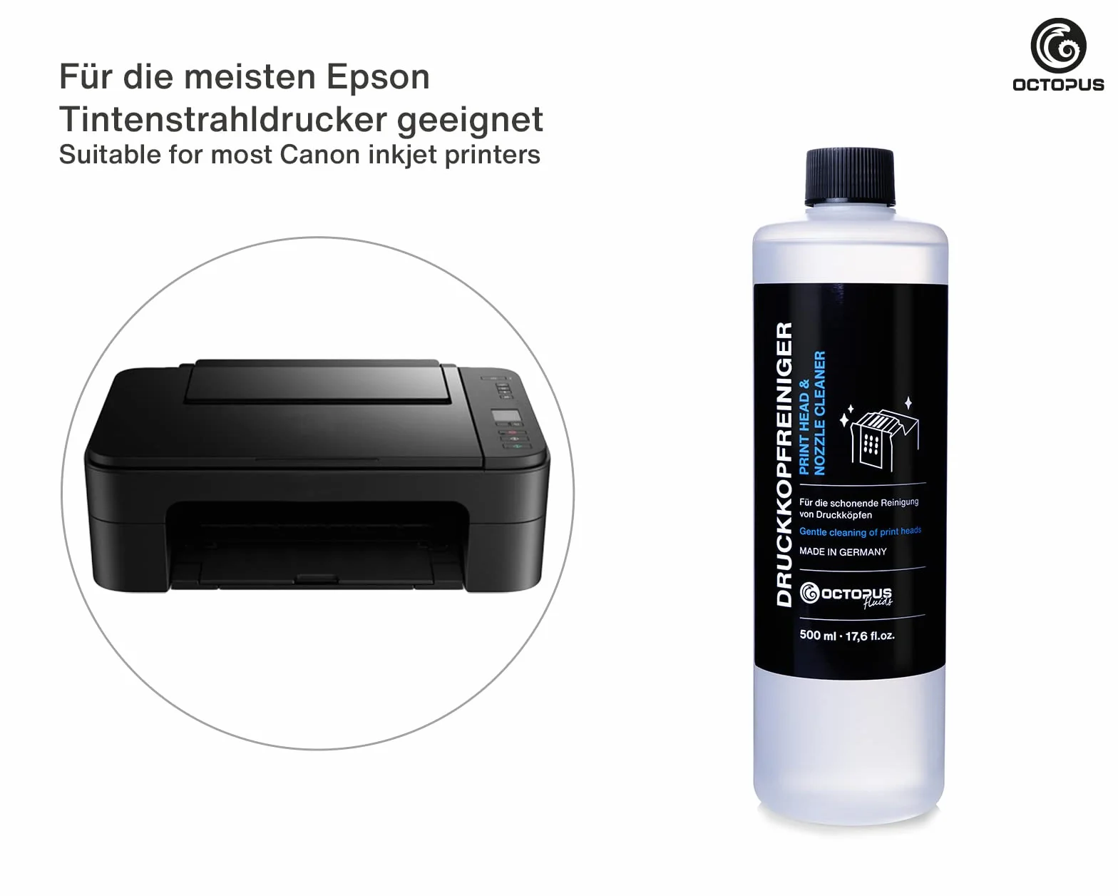 Limpiador de boquillas Octopus 500 ml, limpiador de cabezales de impresión compatible con los cabezales de impresión Epson con adaptador de manguera
