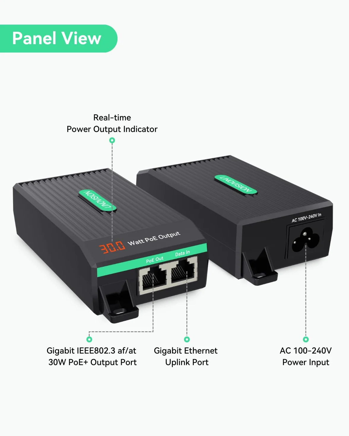 LINOVISION Inyector PoE+ Gigabit 30W con indicador intuitivo de Consumo de energía, Entrada AC100-240V, IEEE802.3af/at 30W Salida de energía y Datos para cámara IP, Punto de Acceso inalámbrico