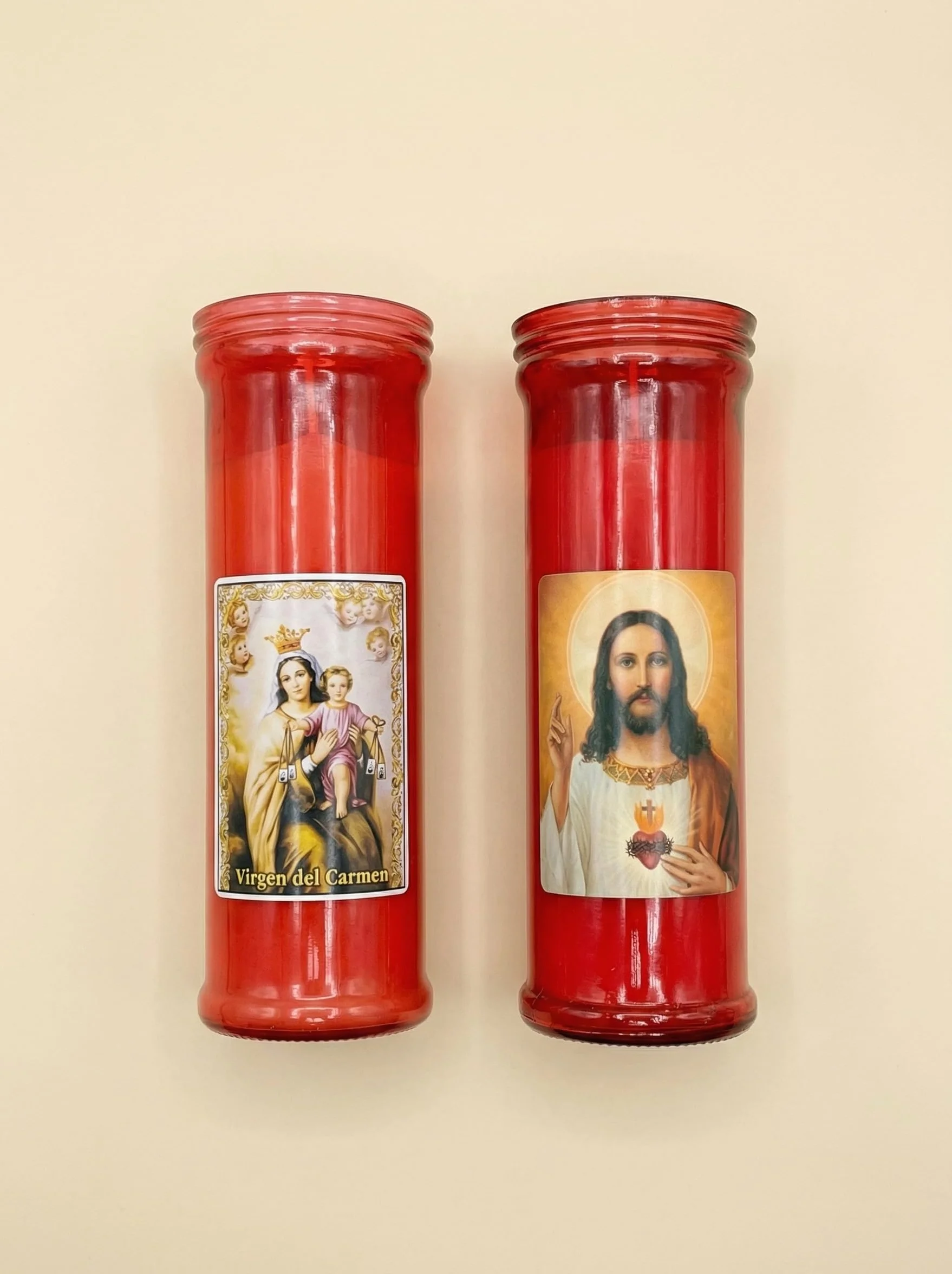 Velas Religiosas Roja Sagrado Corazón de Jesús Virgen del Carmen Velón Vaso Plástico Resistente Calor Altar Iglesia Sin Fragancia