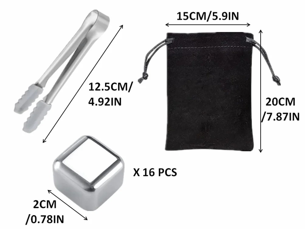 Cubos de Hielo Reutilizables de Acero Inoxidable, Juego de Cubitos con Pinzas y Bolsa, para Whisky y Cócteles