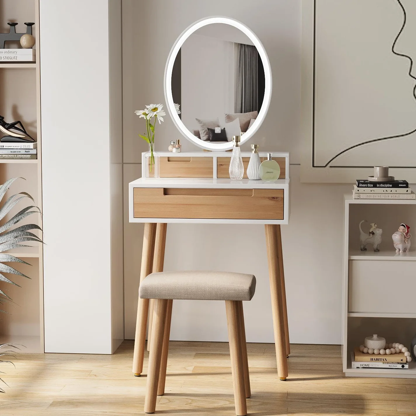 YU YUSING Tocador de Maquillaje con Espejo LED 3 Modos Luz y Taburete 3 Cajones, Mesa Cosmética Multifuncional