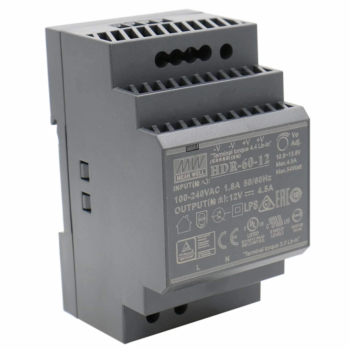 MeanWell HDR-60-12 54W 12V 4,5A Alimentación de Din Rail DIN-RAIL