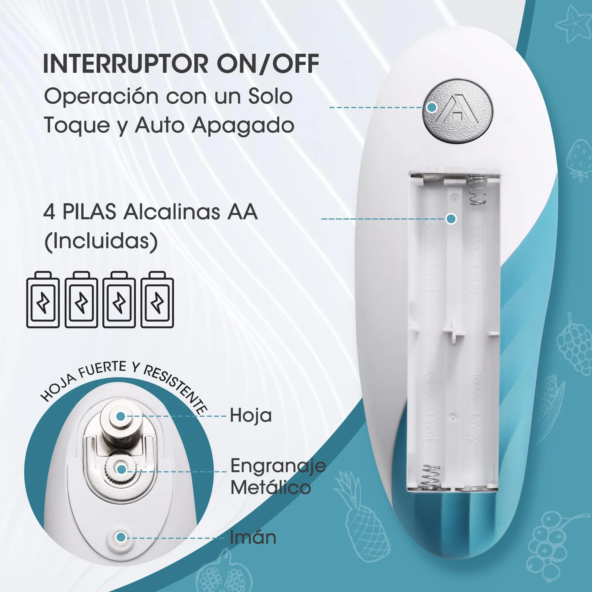 HAUSHOF Abrelatas Eléctrico Automático Inalámbrico, para Personas Mayores y Cocineros, Manos Libres, Azul