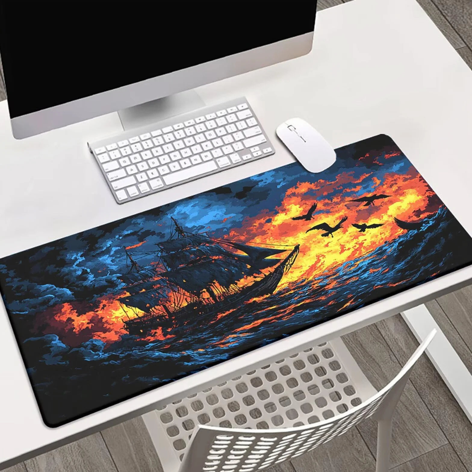 Alfombrilla de Ratón Gaming XXL 1200x600x3mm - Barco Oceánico Gaviota - Alfombrilla Escritorio Grande con Base Antideslizante y Bordes Cosidos para PC, Oficina