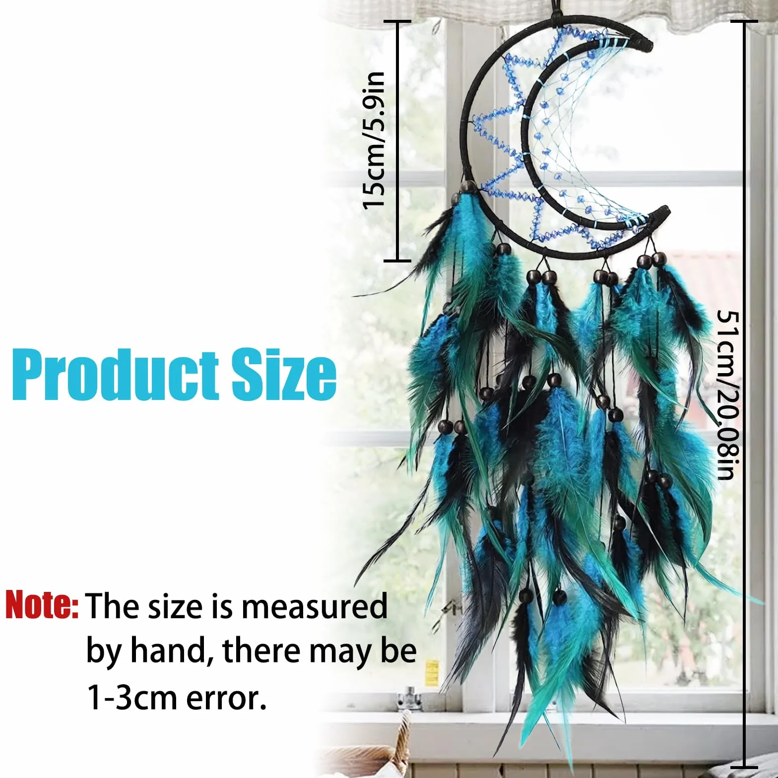 Atrapasueños de Luna Grande, Plumas Azules, Adorno de Pared, Decoración del Hogar, Hecho a Mano