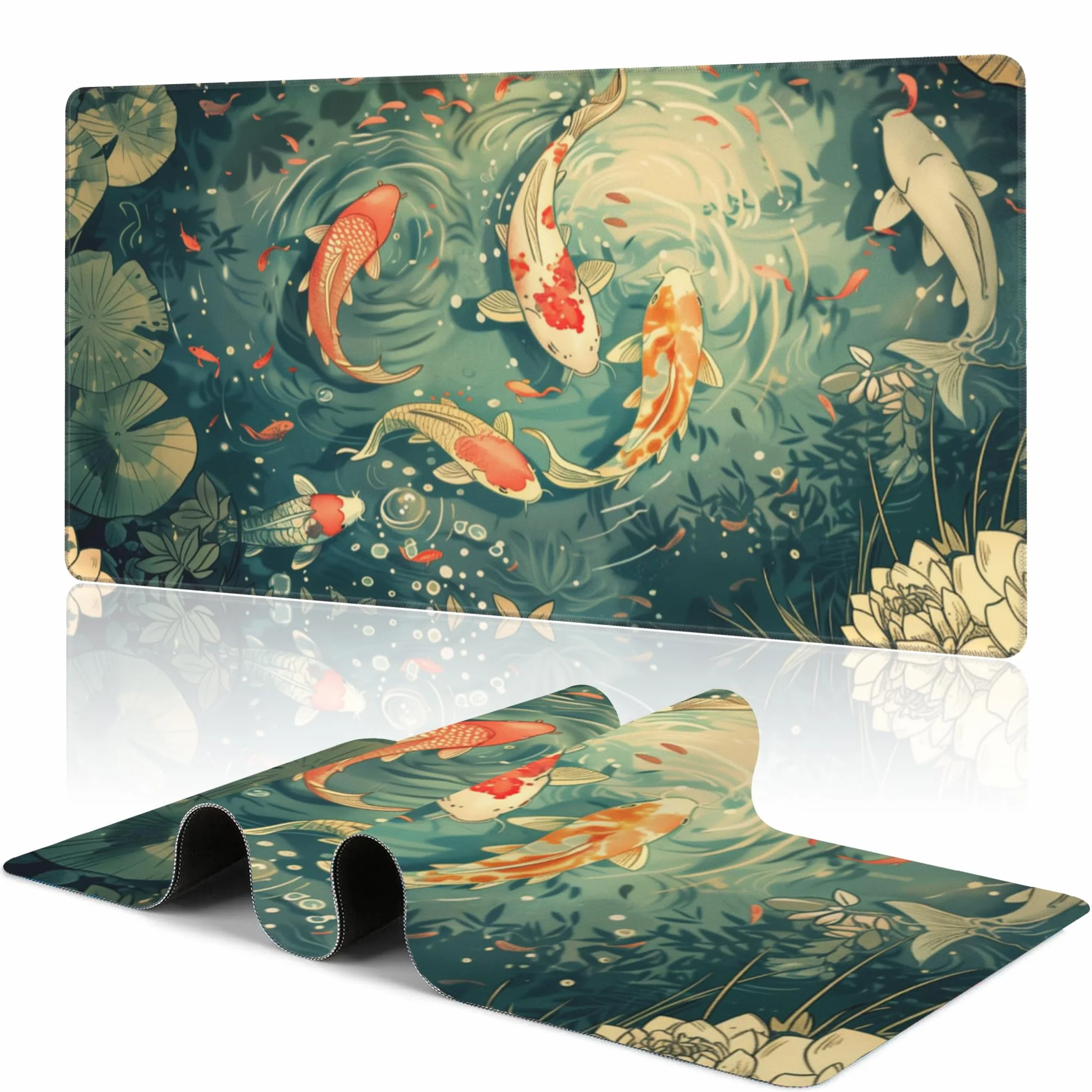 Alfombrilla de mouse grande extendida para juegos con diseño de estanque japonés, Lotus Koi, XXL, para teclado y mouse, base de goma antideslizante con bordes cosidos para decoración de escritorio de
