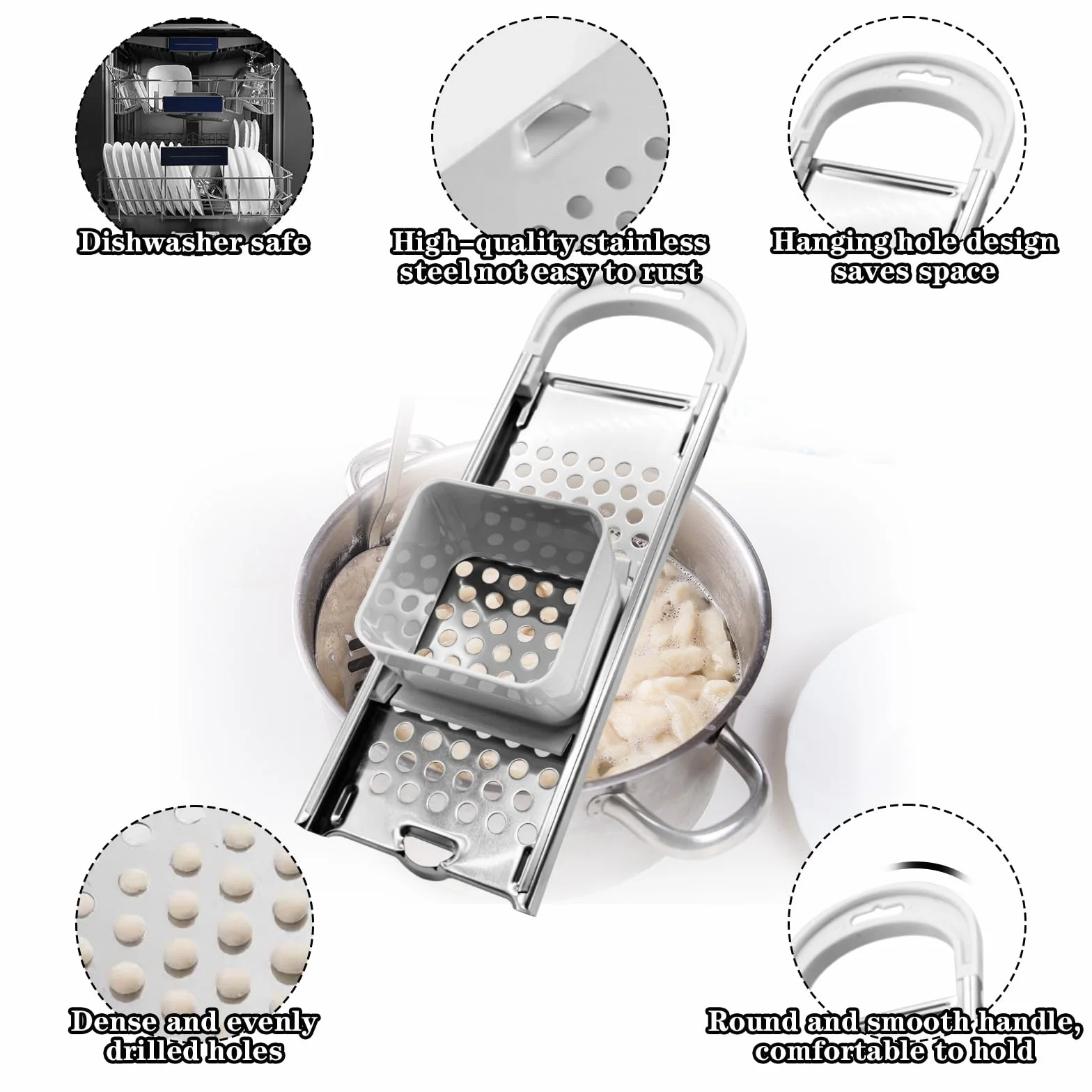 Rallador de Spätzle Acero Inoxidable, Prensa Alemana para Fideos, Apto Lavavajillas, Fabricante de Spätzle con Empujador de Seguridad