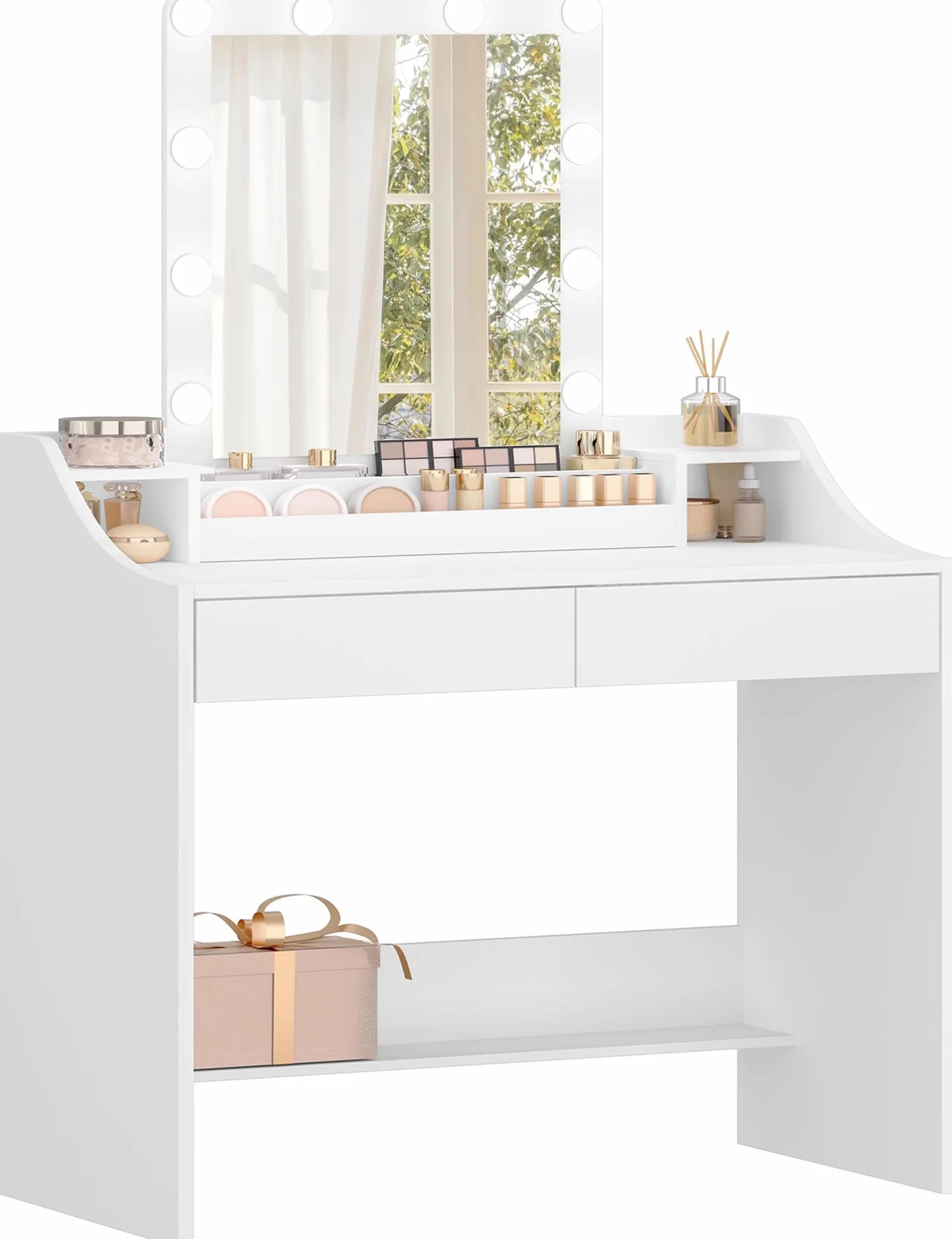 Hzuaneri Mesa de Maquillaje 90cm con Iluminación LED Brillo Ajustable Tocador Espejo 2 Cajones Blanco