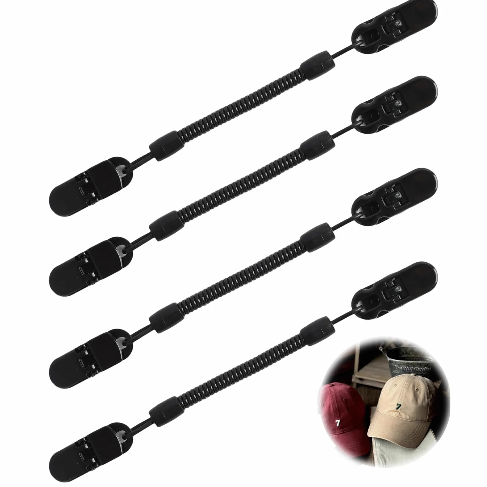 Pack de 4 Clips de Retención para Gorras, Clips Antiviento con Cable de Resorte Retráctil, clip para correa de sombrero,Adecuados para Golf, Pesca, Canotaje y Vela, Negro, Extensibles hasta 60 cm