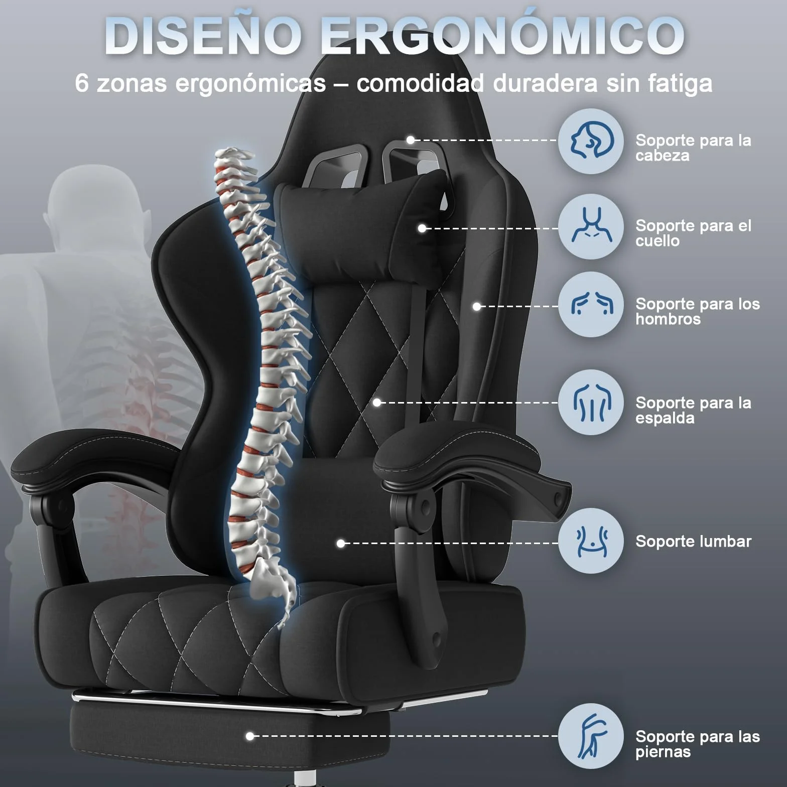 Devoko Silla Gaming Ergonómica de Tela Transpirable con Masaje Lumbar y Reposapiés Retráctil, Reclinable, 150 kg, Negro