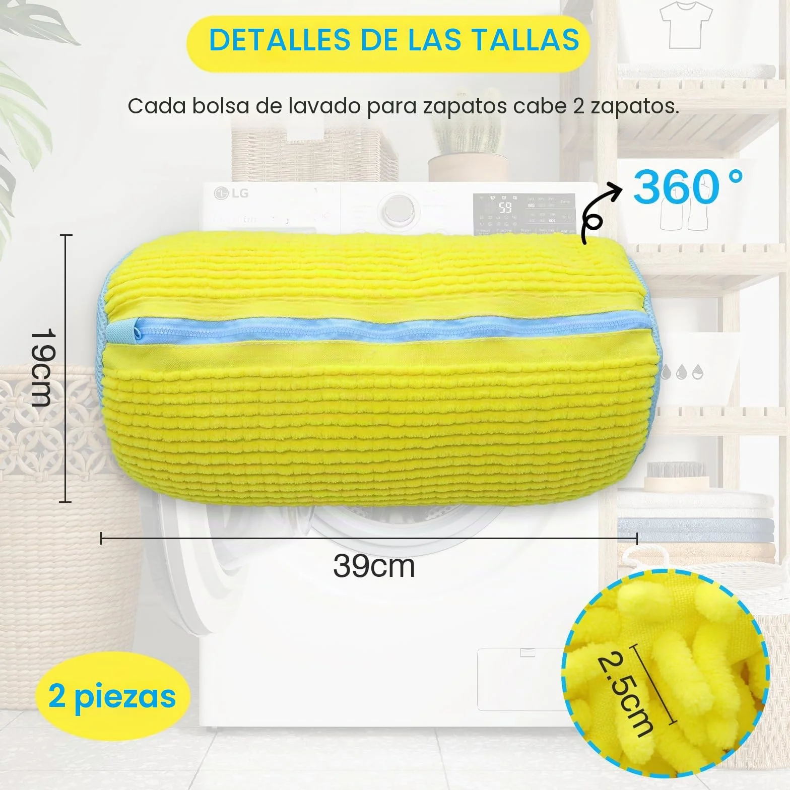 Bolsas para Lavar Zapatillas en Lavadora, Reutilizable Malla 360° con Cremallera, Funda para Zapatos, Amarillo