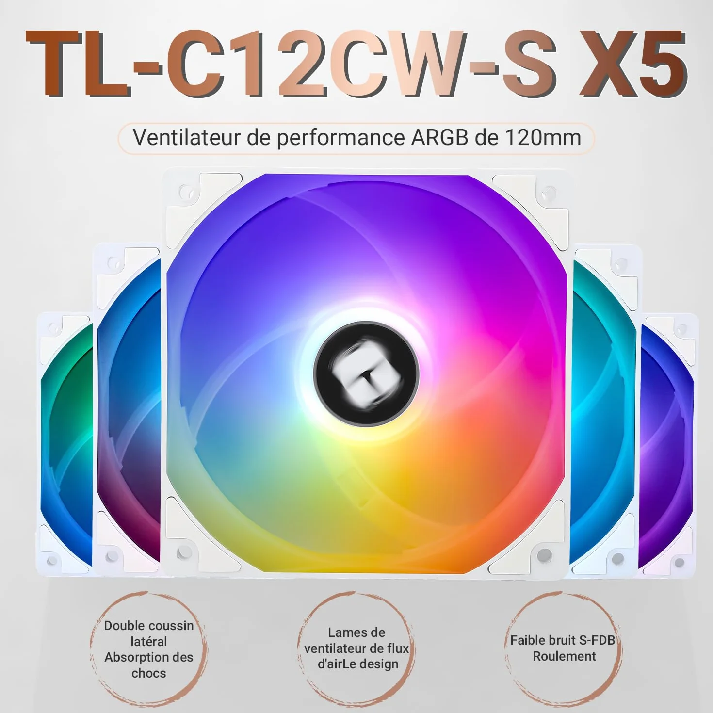 TR TL-C12CW-S X5 - Ventilador para CPU Air (120 mm, ARGB Case Cooler, ventilador PWM Silent Computer Fan con rodamiento S-FDB, ventilador de refrigeración de velocidad de hasta 1550 RPM, enfriador de