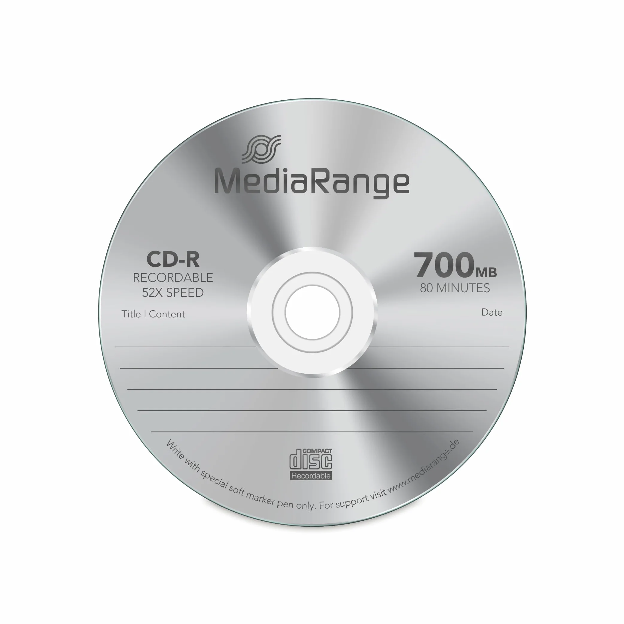 Media Range Cake Box Caja de Discos CDR80 de 700 MB 52X, Blanco y Azul