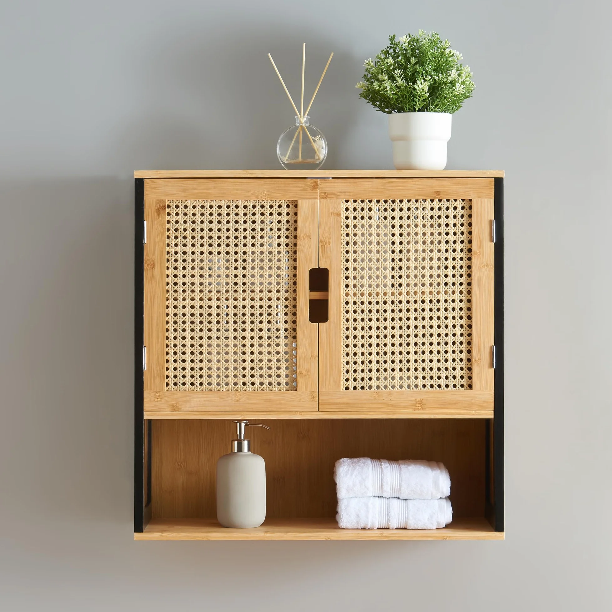 Mueble de Baño Tervola con Puertas Estantería de Pared MDF Bambú 60 x 60 x 20 cm Negro/Natural