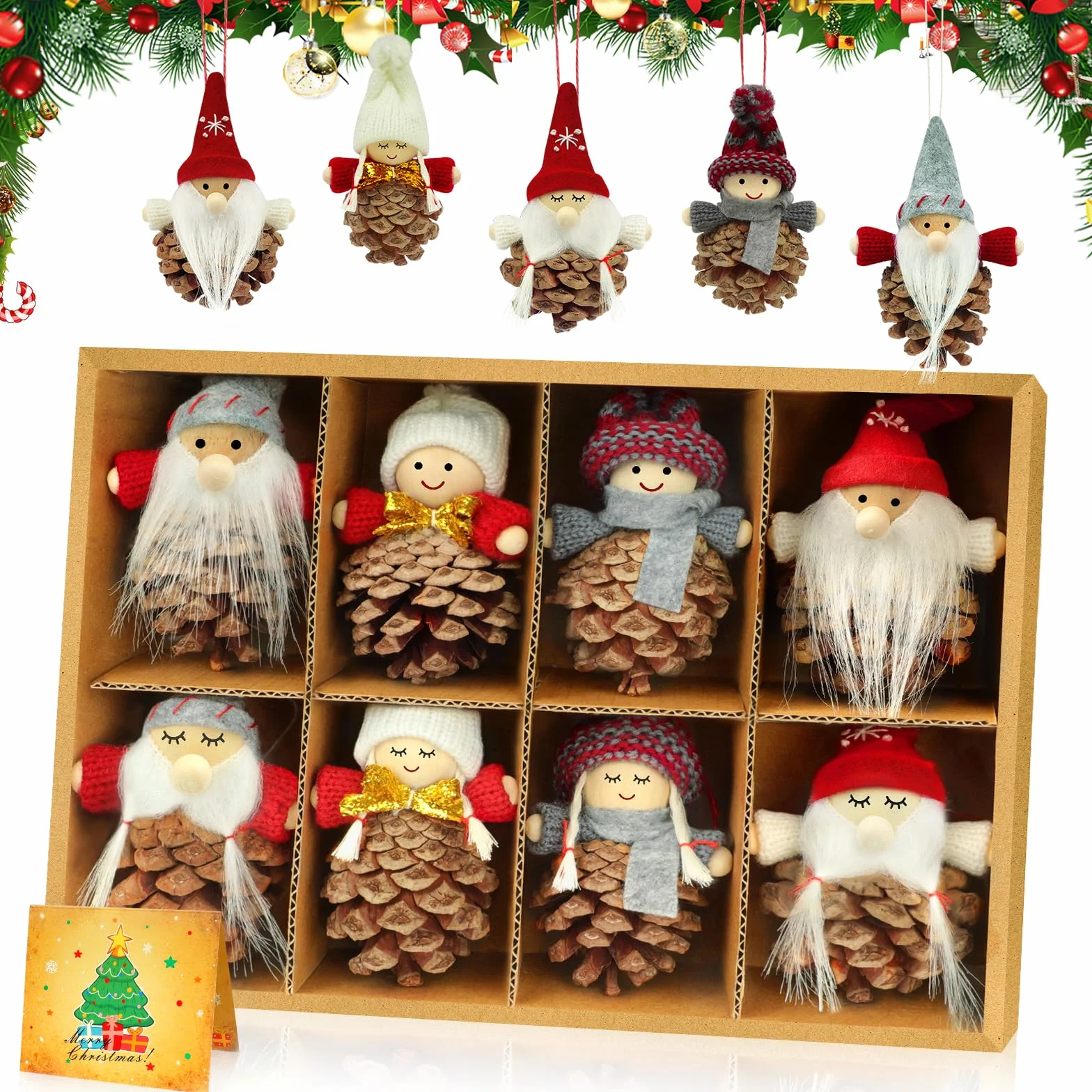 Adornos Navidad Madera 8 Piezas Elfo Gnomos Piñas Navideños Papa Noel Decoracion