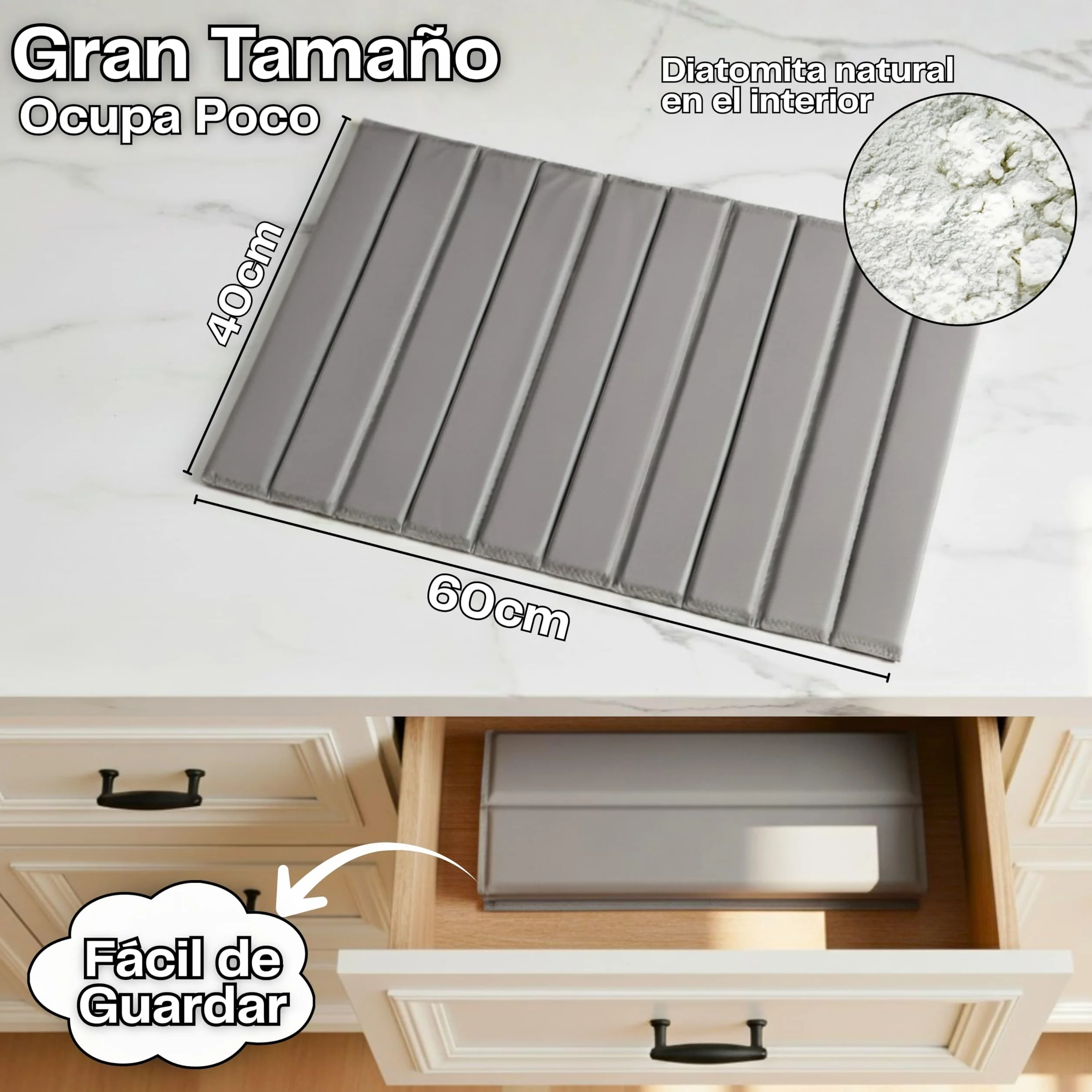 Alfombra Diatomita Cocina 60x40cm Cubierta Cuero Sintético Escurreplatos Plegable Secado Rápido