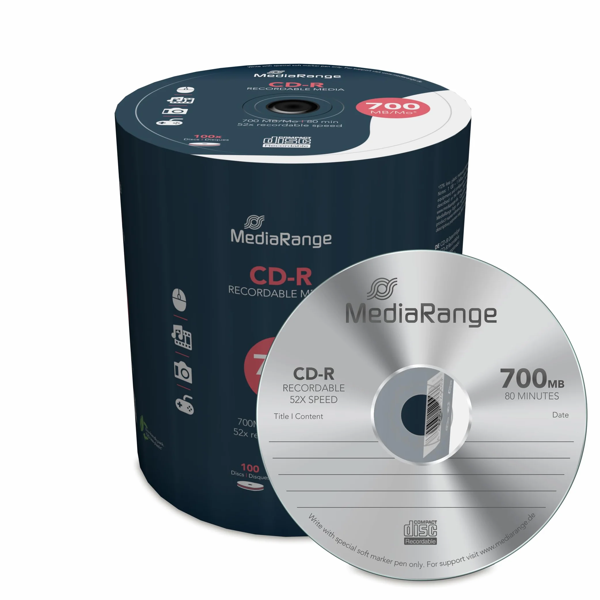 Media Range Cake Box Caja de Discos CDR80 de 700 MB 52X, Blanco y Azul