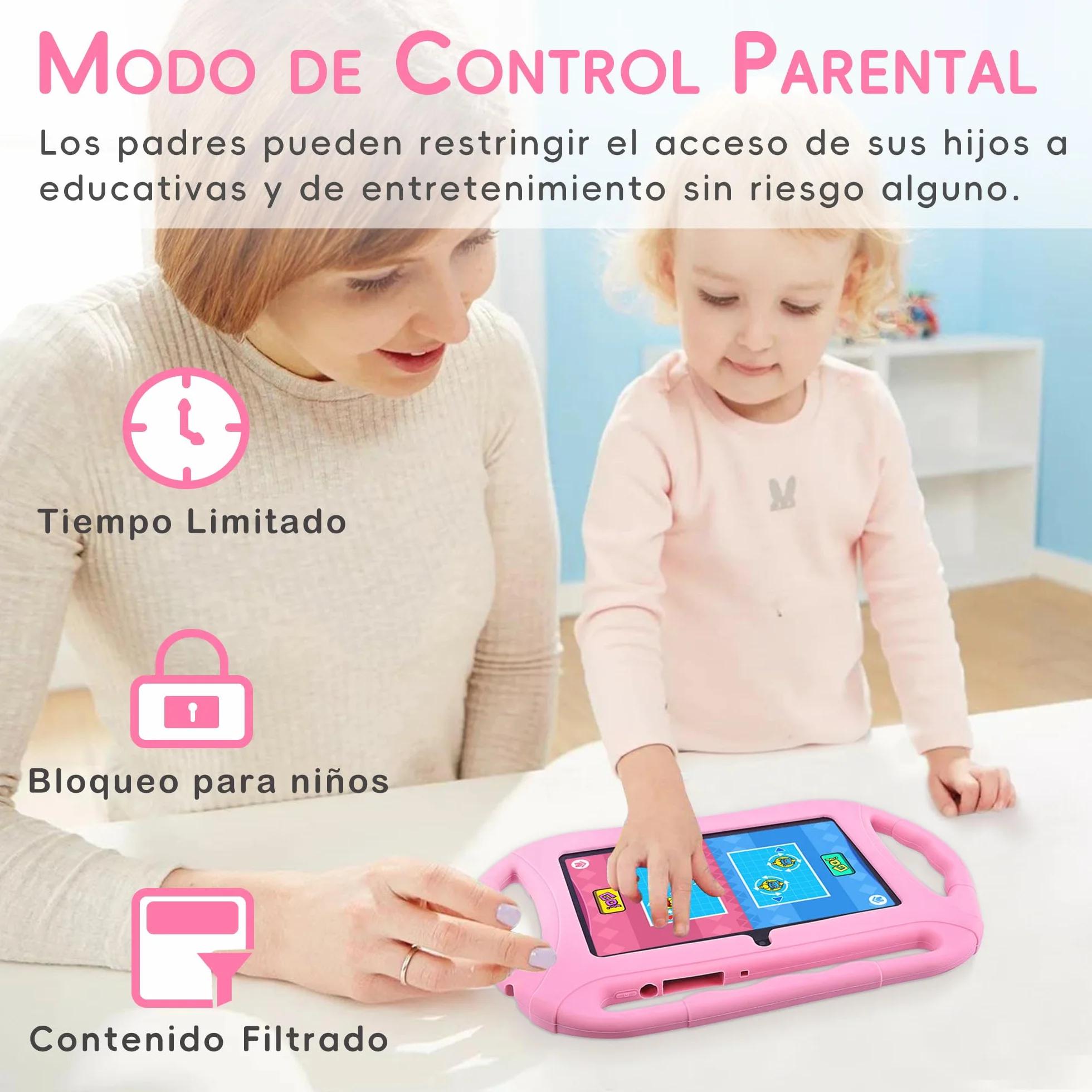 Veidoo Android Tablet para niños, 7 Pulgadas HD Tablet Infantil, 2GB RAM 32GB ROM, WiFi, Cámara Dual con Estuche, Control Parental, Juegos Educativos, Protección para Los Ojos(Rosa)