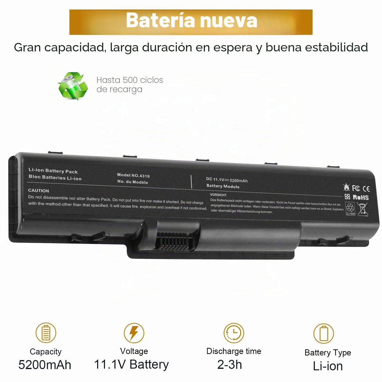 ARyee AS07A51 - Batería compatible con Acer Aspire 5235 5335 4220 4710 5542G 5738G 5740G 4710G 4720G 4240 AS07A75 AS07A72 AS07A71 AS07A52 AS07A52 AS07A55 1