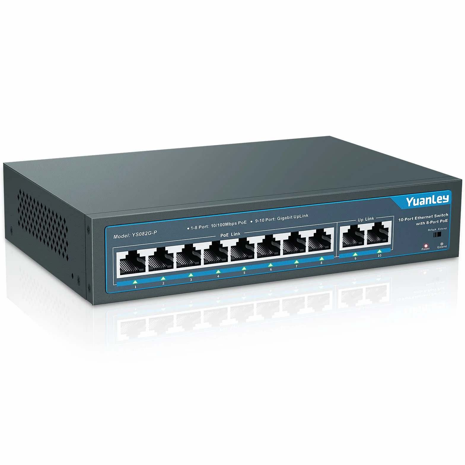 YuanLey 10 Port PoE Switch, 8 PoE+ Port 100Mbps, 2 Uplink Gigabit, 120W 802.3af/at, Función de Extensión, Sin Ventilador, Metal, Plug & Play