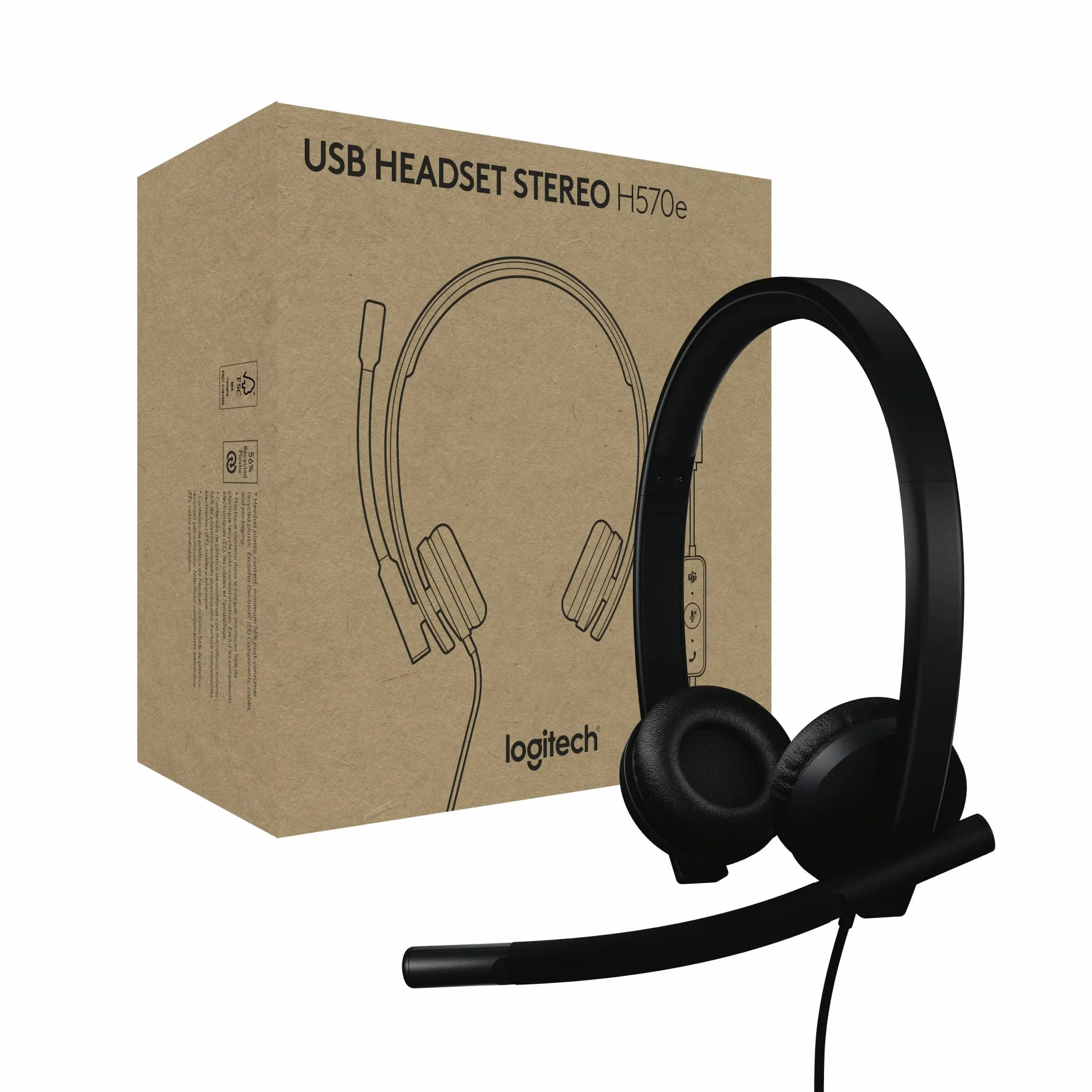 Logitech H570e, Auriculares USB con micrófono | PC/Mac, auriculares cable USB-C estéreo, cancelación ruido, controles integrados cable, Microsoft Teams, negro