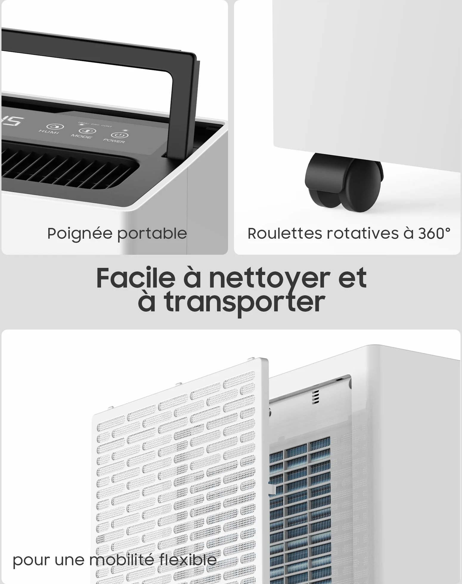 Deshumidificador eléctrico 20 l/día, portátil, 3 modos, control inteligente de humedad