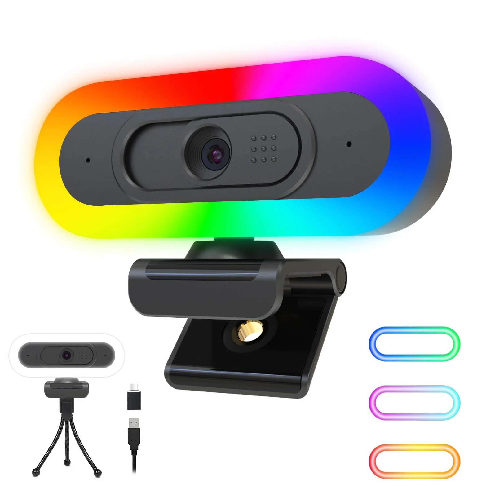 ToLuLu Cámara web RGB LED 2K 50FPS con micrófono y luz, cubierta de enfoque automático y trípode, cámara USB Plug and Play para juegos de PC/Mac y videollamadas