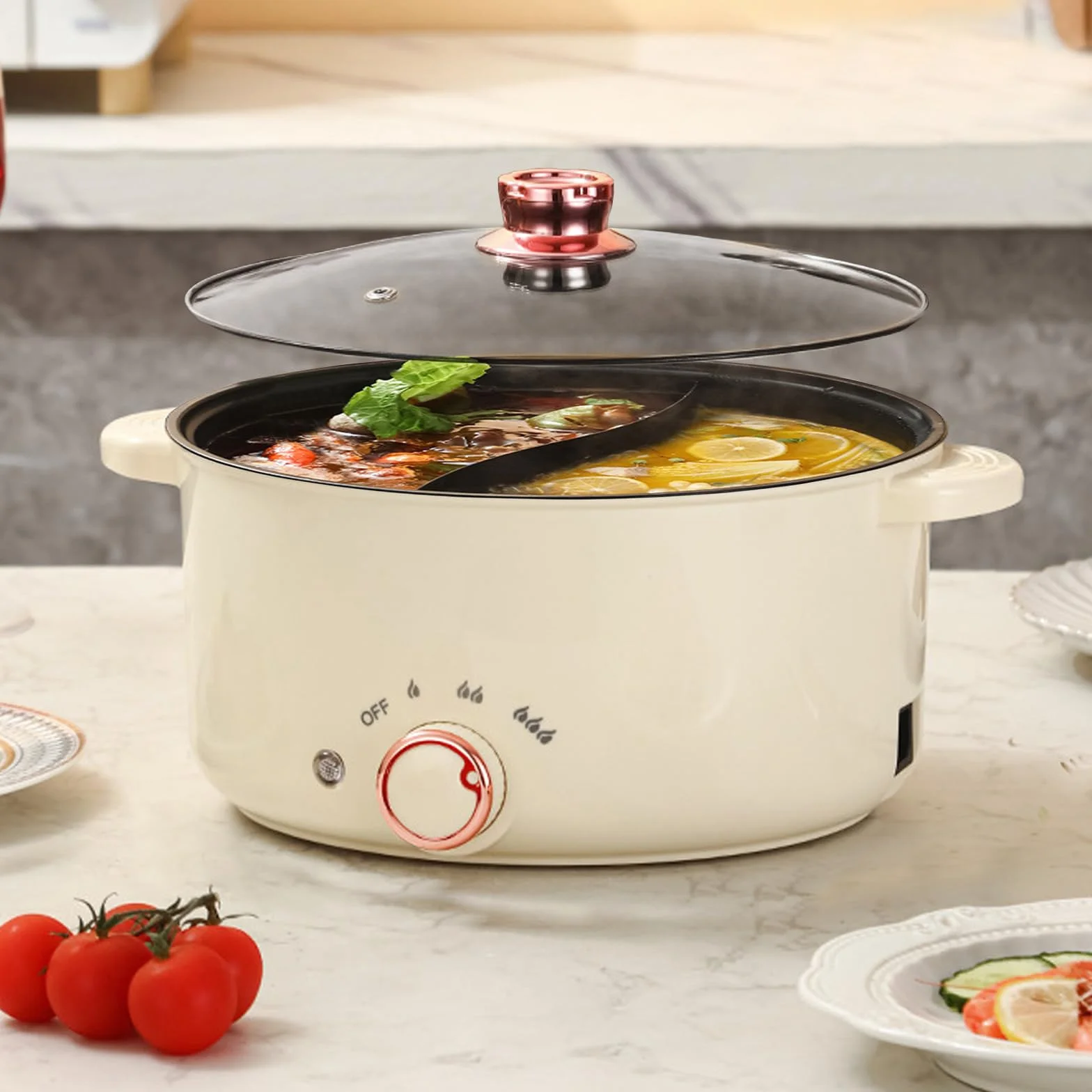 Hot Pot eléctrico 3,5 l, olla eléctrica con divisor 1000 W, tres ajustes de potencia, antiadherente multifuncional, olla rápida para asar, ramen, fondue