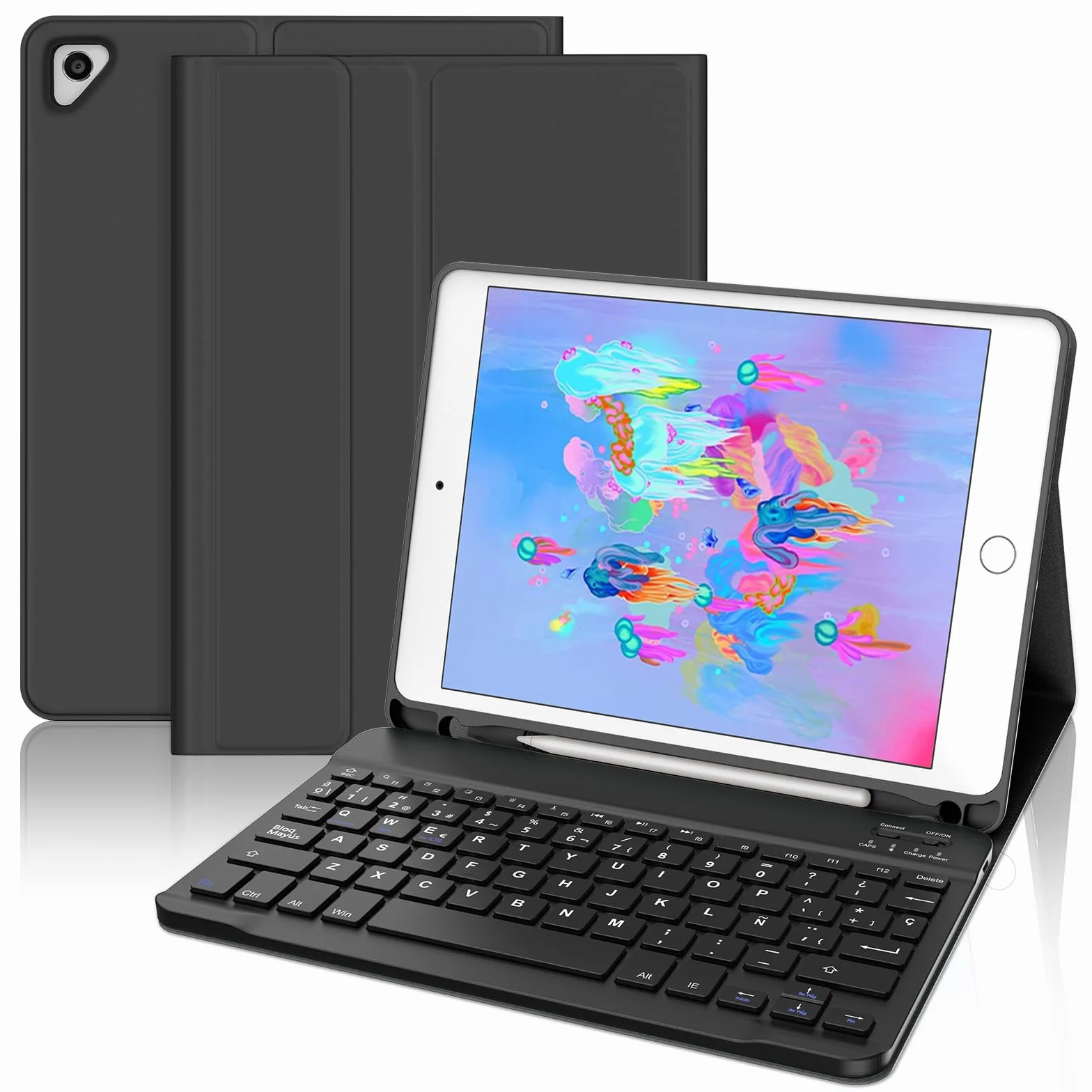 FOGARI Teclado para iPad 6/5 Generacion 2018/2017 9.7", Air 2/1 2014/2013, Español Ñ QWERTY Teclado Bluetooth Magnético Desmontable para iPad 6/5 Generación 2018/2017 9.7 Pulgadas, Negro