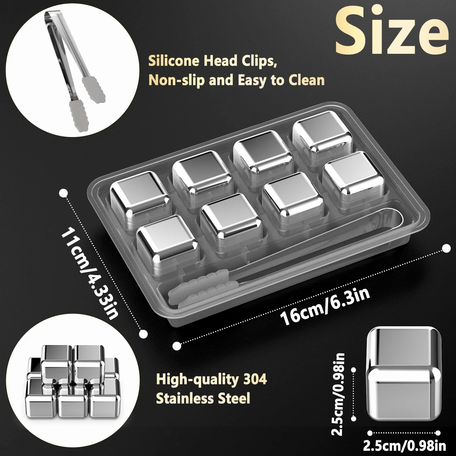 GeeRic Cubitos Hielo Reutilizables de Acero Inoxidable 304, Piedras de Hielo para Cócteles, Accesorios de Bar, 8 Piezas