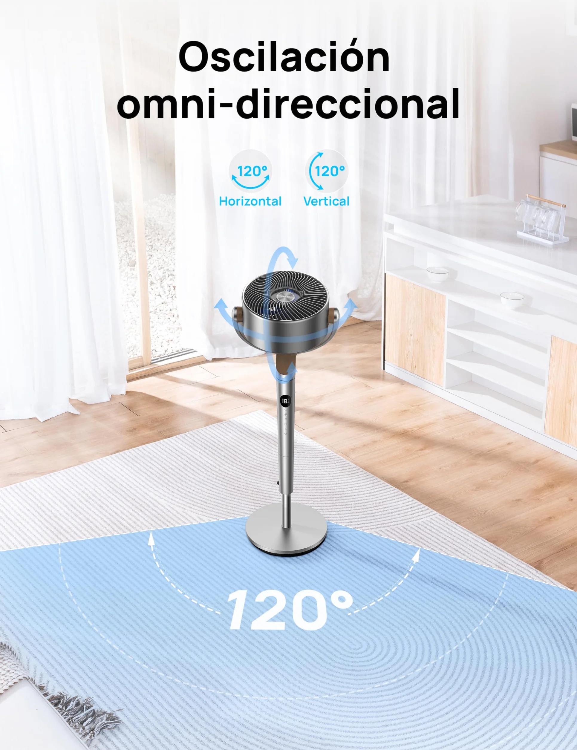 Dreo Ventilador de Pie Silencioso Control Remoto 24 m Alcance 23dB 1200 m³/h 3 Modos 8 Velocidades Temporizador Oscilación 120°